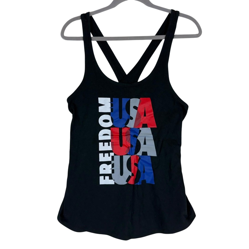 Under Armour Tank Top Womens Medium Black Freedom USA HeatGear Graphic Racerback